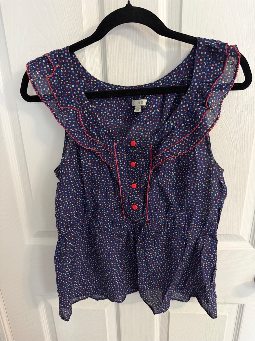 Anthropologie Odille Navy Tank with Red Trim, Multicolor Dots